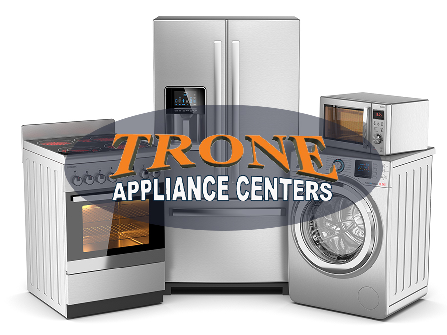 Home appliances. Group of silver refrigerator, washing machine, electric stove, microwave oven isolated on white background, with Trone Appliance Centers logo in the middle - Beardstown, IL